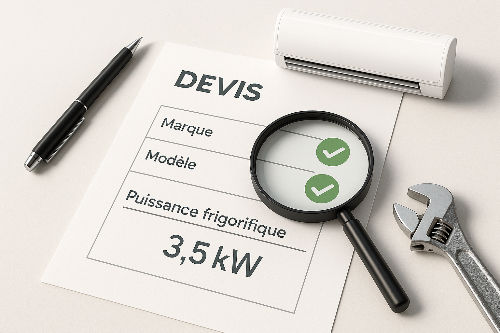 Infographie montrant une loupe sur un devis de climatisation, mettant en évidence la ligne indiquant la puissance frigorifique en kW.