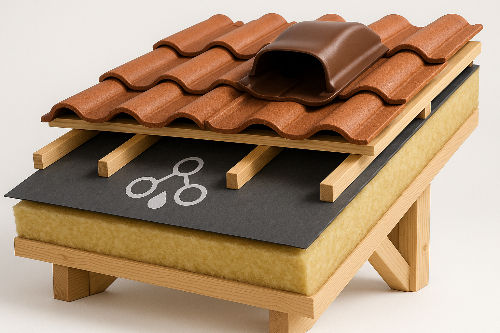 Coupe technique d'une toiture montrant les composants de la ventilation : écran HPV, chatière et closoir ventilé