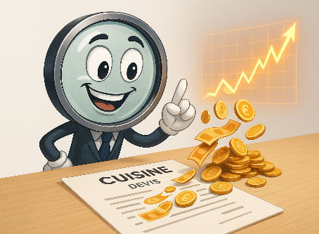 Mascotte loupe analysant un devis de cuisine d'où s'échappent des pièces de monnaie, symbolisant les coûts cachés à anticiper pour une rénovation.