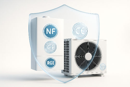 Système de chauffage moderne (pompe à chaleur) protégé par un bouclier symbolisant les normes de sécurité et certifications de performance.
