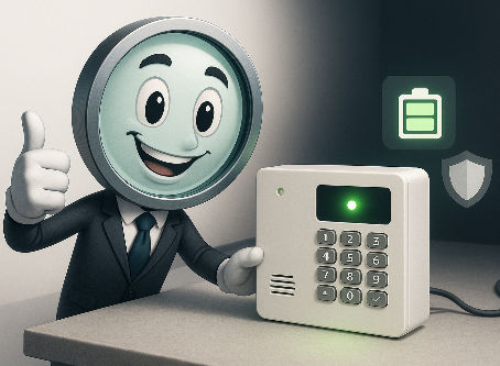 Mascotte loupe examinant une centrale d'alarme fonctionnant sur batterie pendant une coupure de courant, illustrant l'importance de l'autonomie.