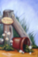 Painted rustic garden scene with a wooden fence, sign reading La Jardin, tipped red pot, white daisies, and tall grass.