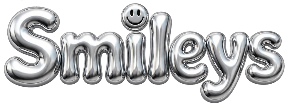 "The Girl Behind the Smileys" written in a bubbled crome lettering and a smiley face dotting the i in Smileys