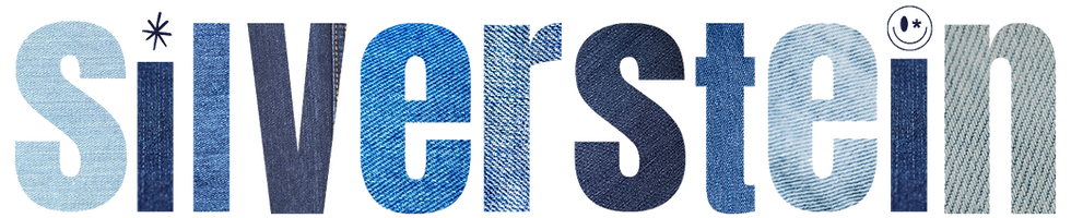 Julia Silverstein Art in denim lettering with a smiley face as the dot for the J and a diamond as a dot for the I in Julia. Then an asterisk for the dot of the I and a winking smiley face for the dot of the I in Silverstein.