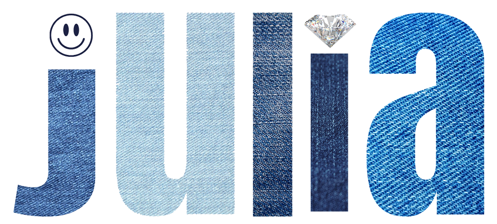 Julia Silverstein Art in denim lettering with a smiley face as the dot for the J and a diamond as a dot for the I in Julia. Then an asterisk for the dot of the I and a winking smiley face for the dot of the I in Silverstein.