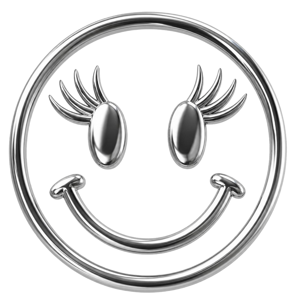 Chrome smiley face outline with long eyelashes and a smiling face