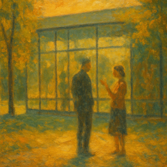 Oil painting of woman talking to man