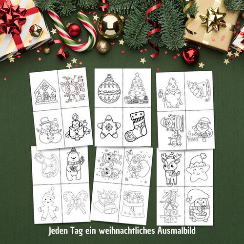  Adventskalender: 24 weihnachtliche Ausmalbilder und Zahlenanhänger zum Bildidee 