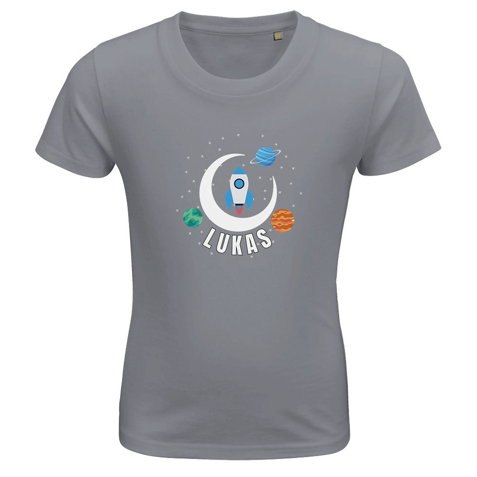 Miniaturbild: Personalisiertes Kinder T-Shirt aus Bio-Baumwolle - Mond und Rakete