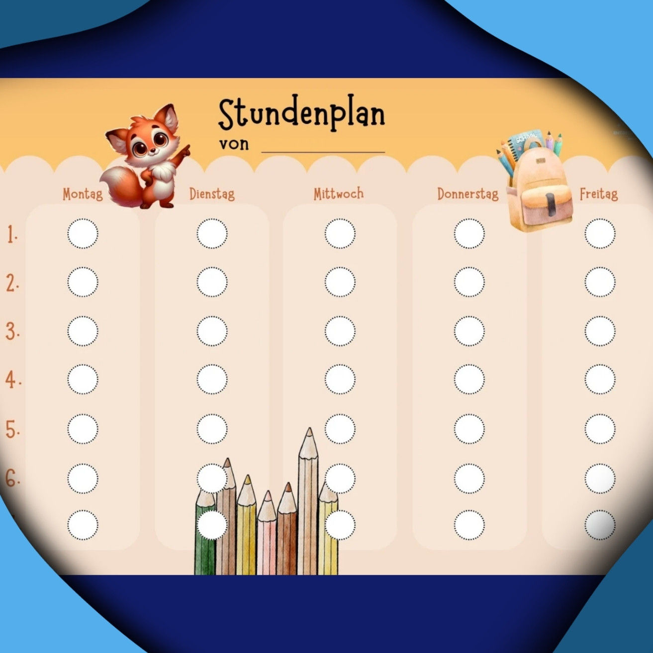 Stundenplan für die Grundschule - Fuchs orange - Download zum Ausdrucken