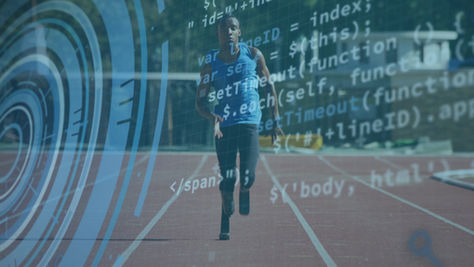 A runner in a blue singlet runs on a track, overlaid with digital code and data graphics to symbolize AI coaching and technology in sport.