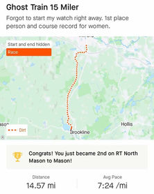 A screenshot of Strava showing race time and map