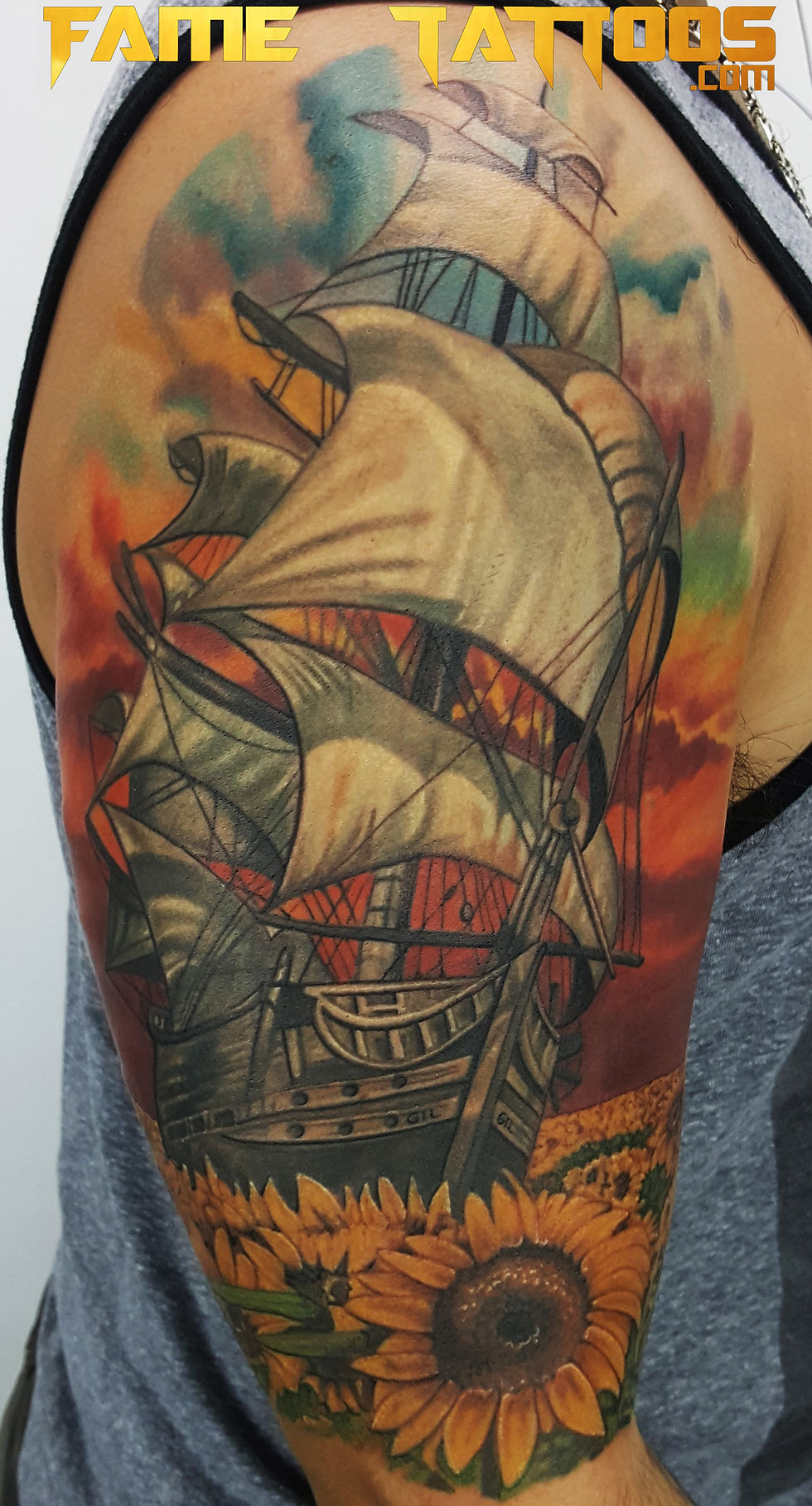 Realistic Pirate Ship Tattoo Miami