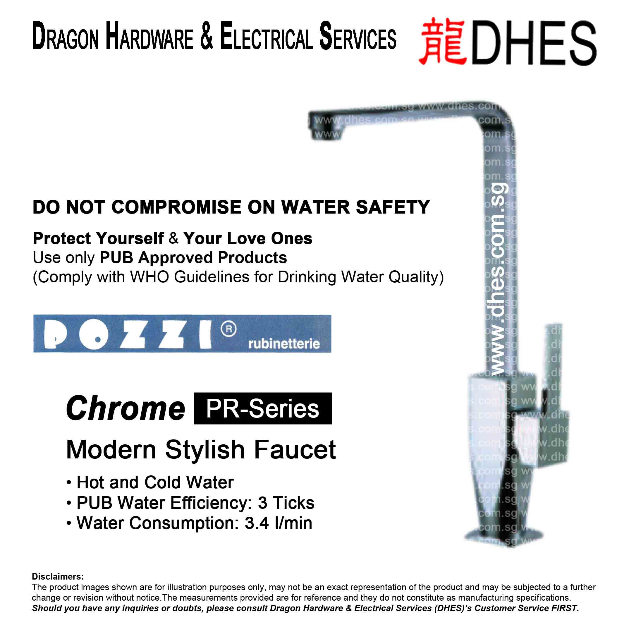 Pozzi PR-Series 920 Chrome Bold Modern Minimalist Kitchen Sink Faucet Mixer Front Cover