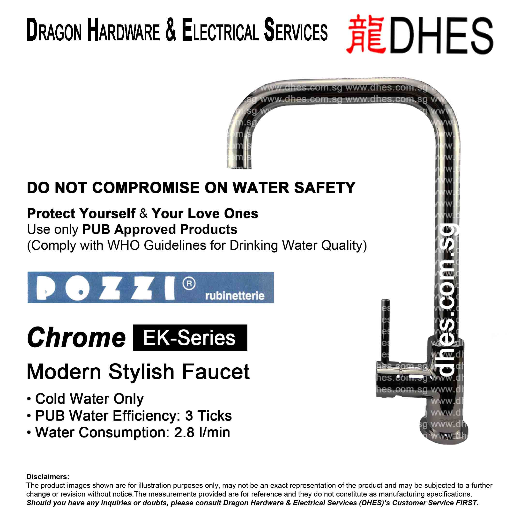 Pozzi EK-Series 320 Chrome Bold Modern Minimalist Kitchen Sink Faucet Tap