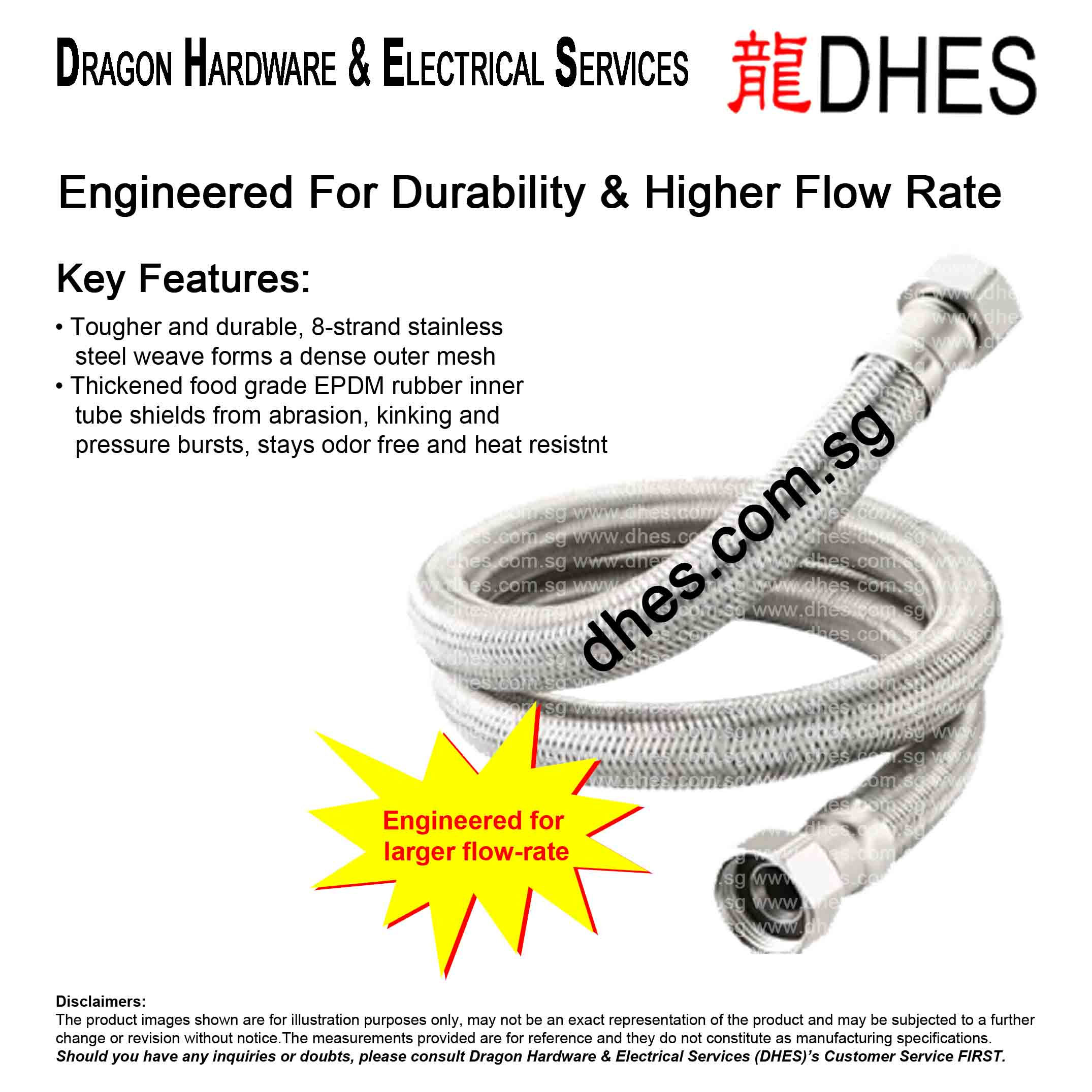 DHES 8 Strand Stainless Steel Braided Flexible Hose l 3/4" DN15 l EPDM Tube Front Cover