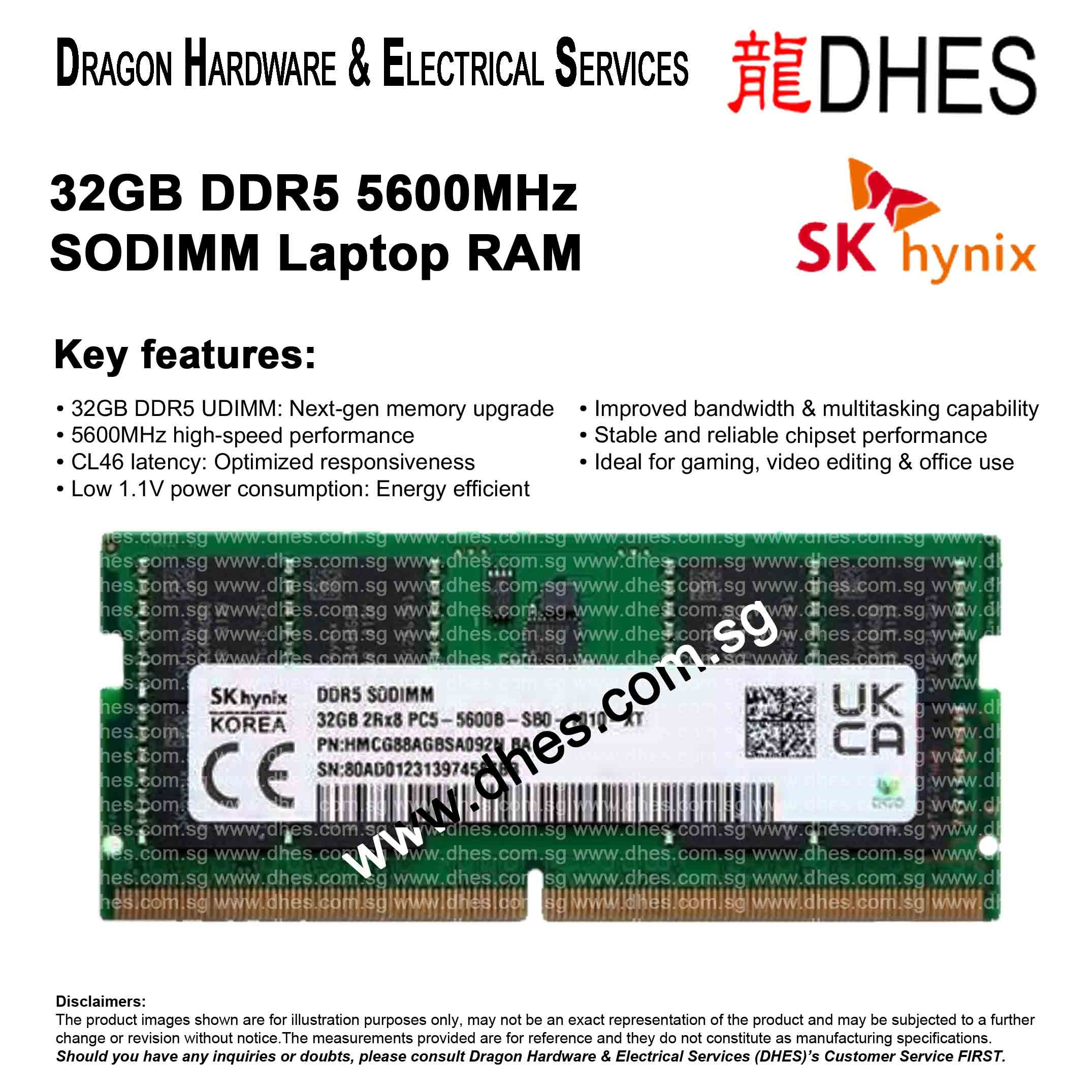 SK HYNIX 32GB DDR5 5600MHz SODIMM Laptop RAM 5th Gen High-Speed Memory CL46 1.1V Front Cover