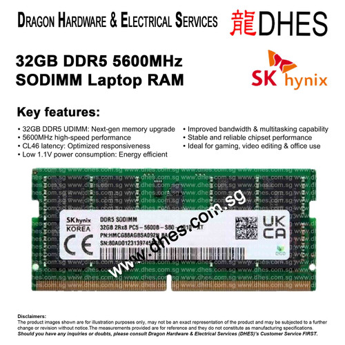 SK HYNIX 32GB DDR5 5600MHz SODIMM Laptop RAM 5th Gen High-Speed