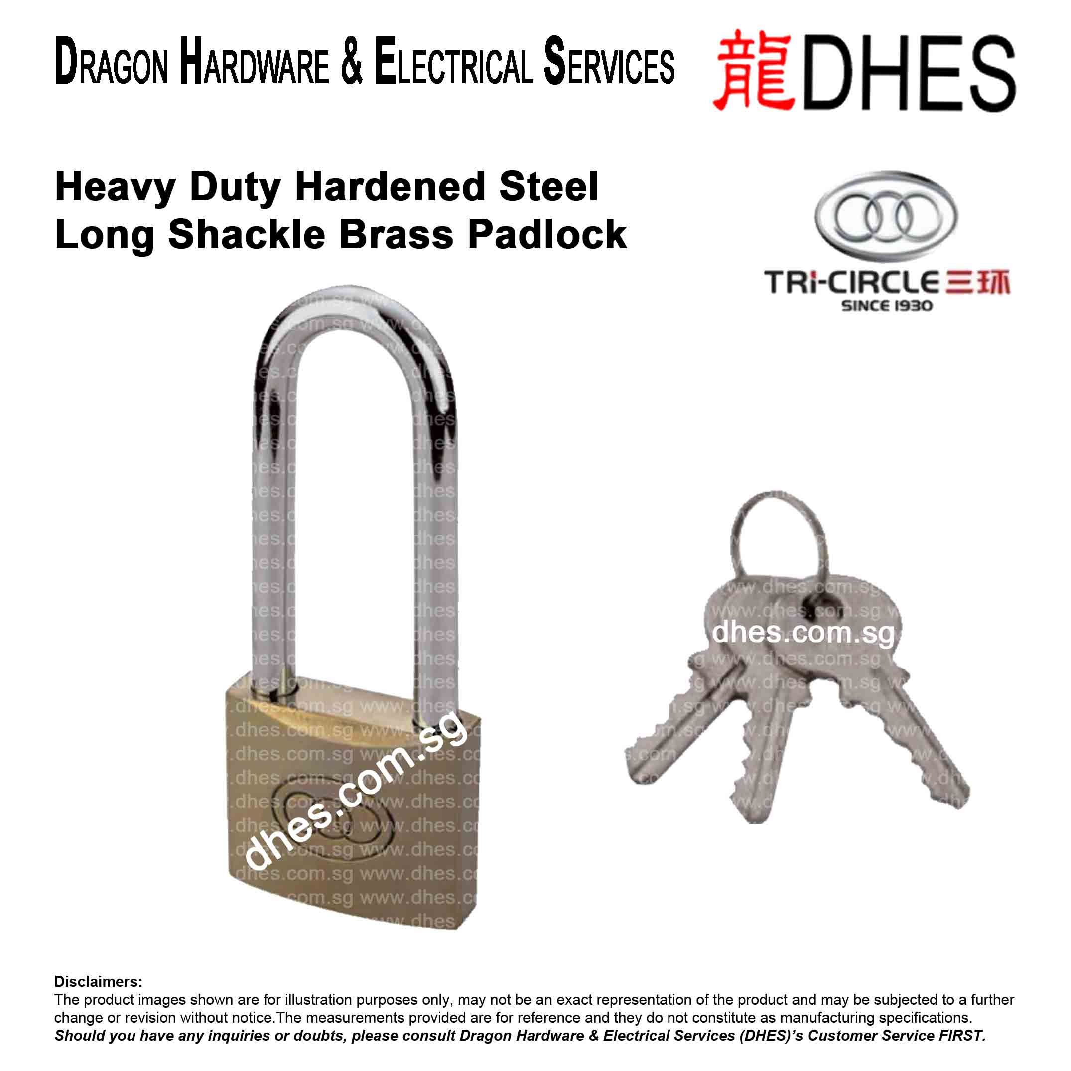 Tri-Circle Long Hardened Steel Shackle Solid Brass Padlock Front Cover