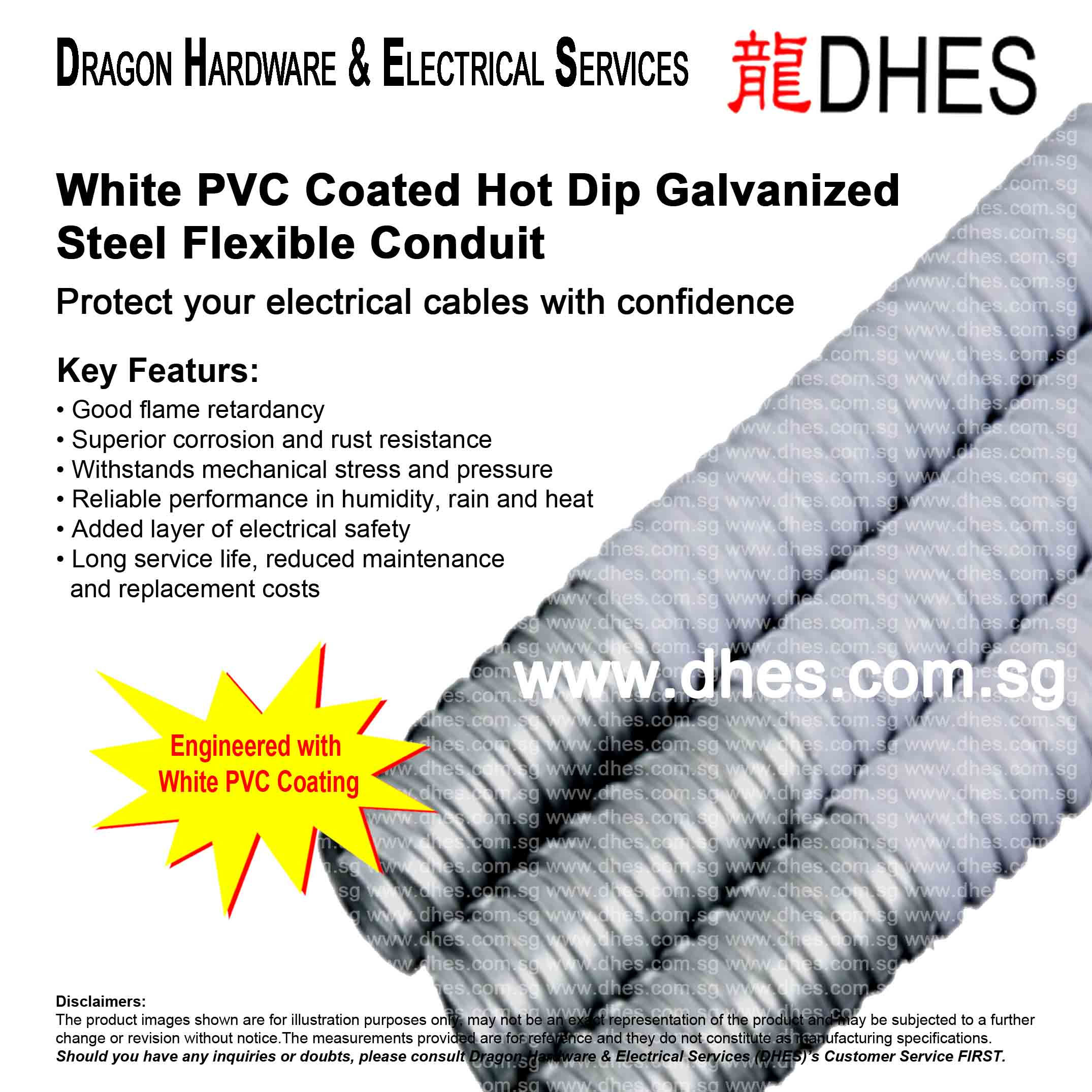 DHES White PVC Coated Hot Dip Galvanized Steel Flexible Conduit l Heavy Duty Front Cover