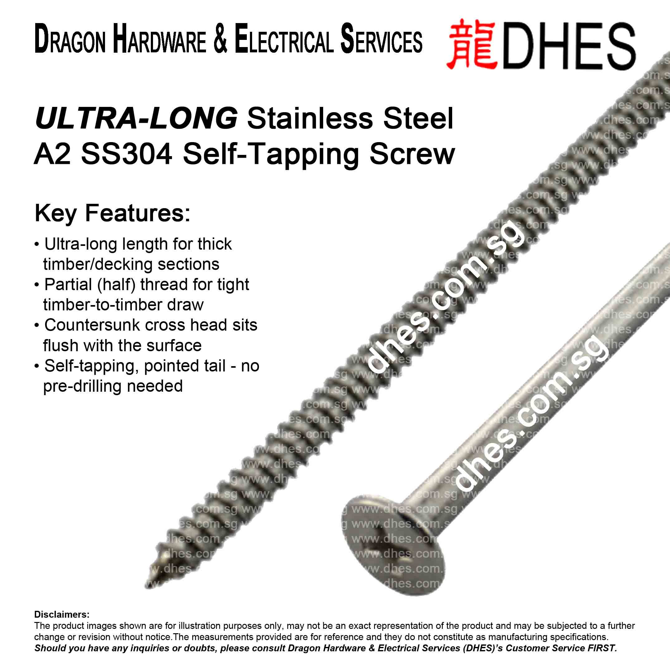 DHES A2 SS304 Ultra-Long Stainless Steel Self-Tapping Screw | Countersunk Head