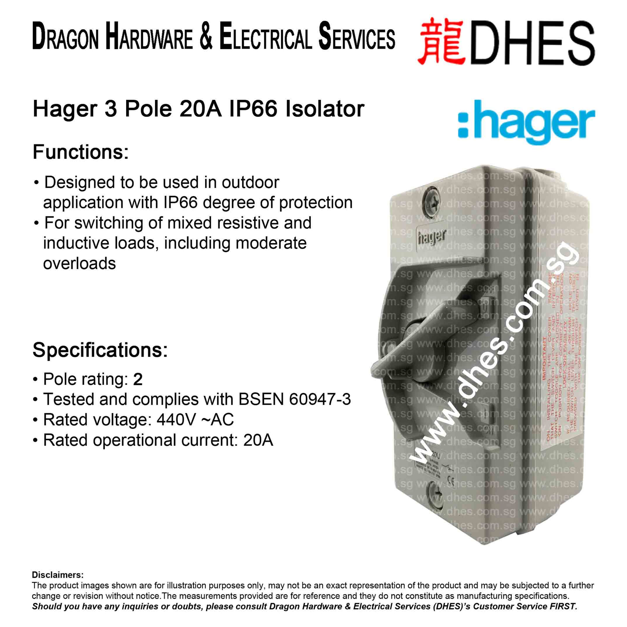Hager 3 Pole 20A IP66 AC22A Utility Isolator Switch Disconnector JG320U Front Cover