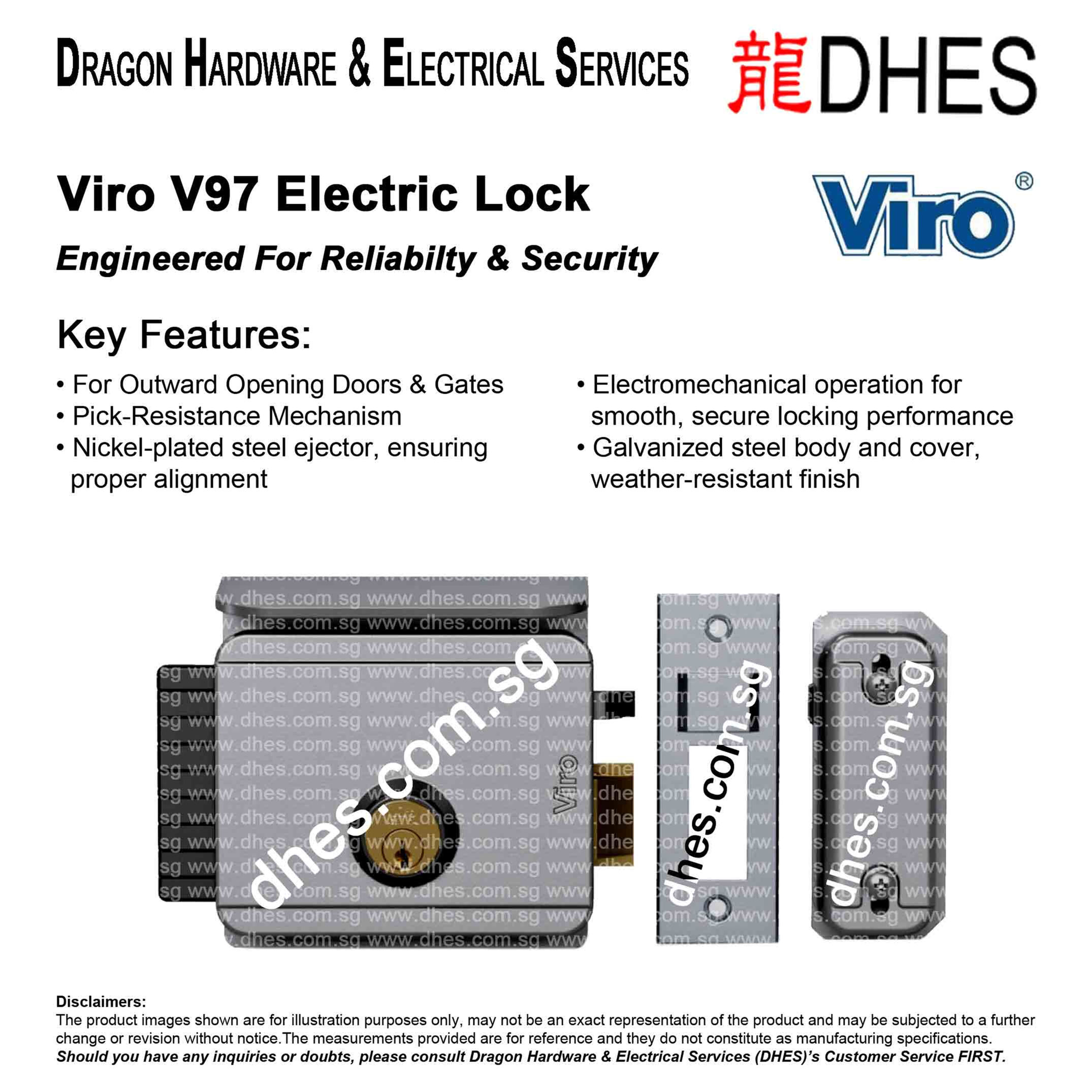 Viro V97 Electric Lock for Outward Opening Doors & Gates With Adjustable Backset Front Cover 8993