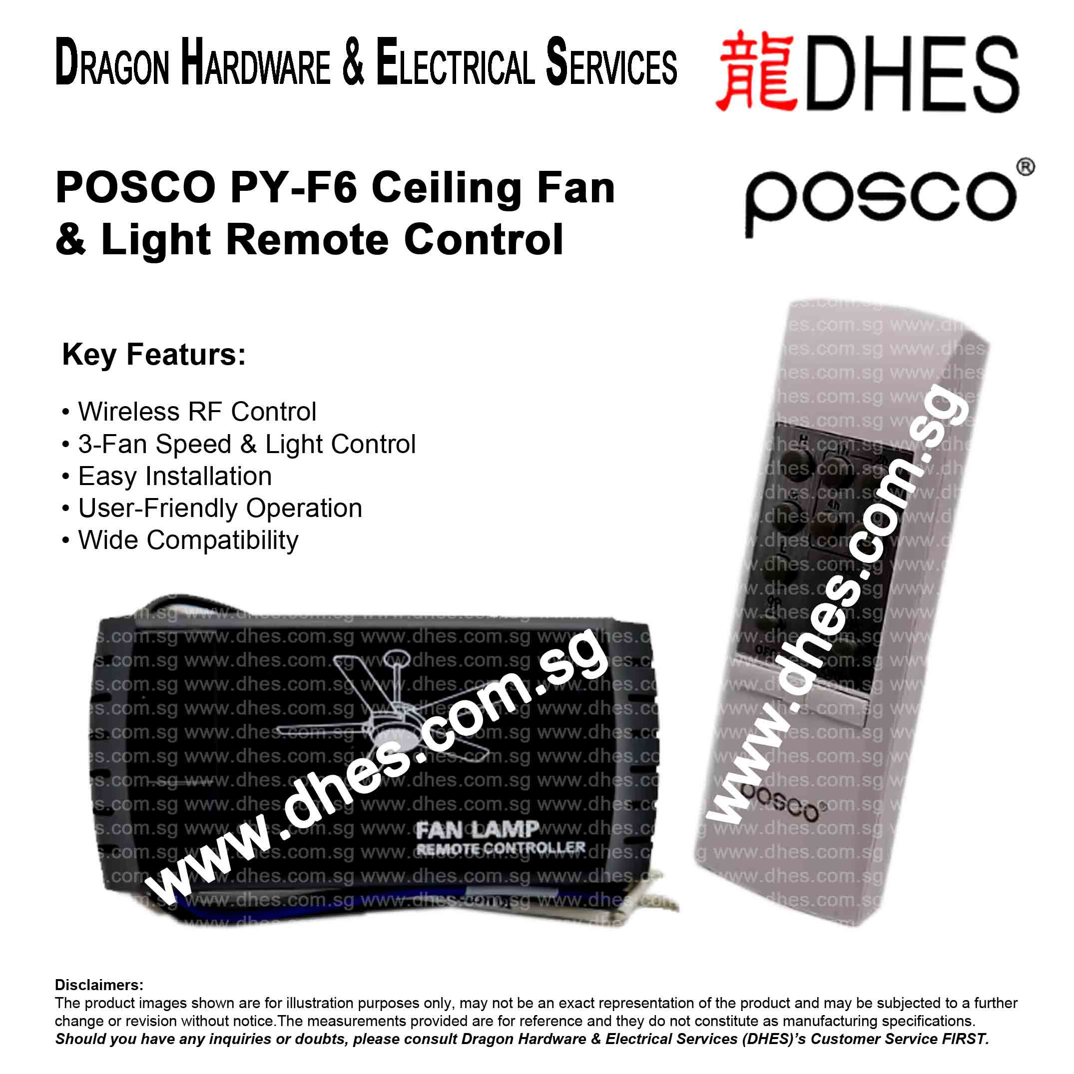 Posco Universal Ceiling Fan and Lighting Remote Control PY-F6 Front Cover