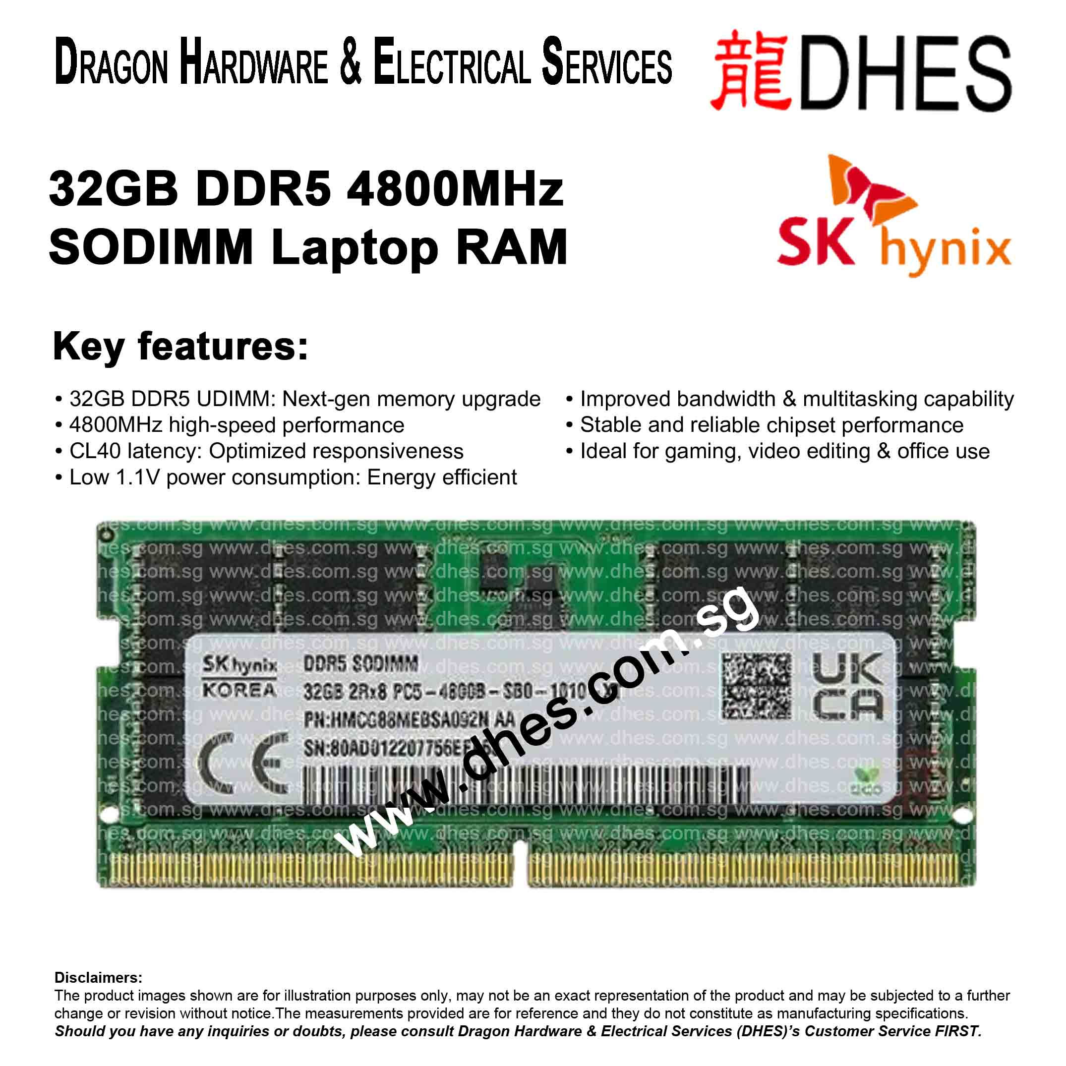 SK HYNIX 32GB DDR5 4800MHz SODIMM Laptop RAM 5th Gen High-Speed Memory CL40 1.1V Front Cover