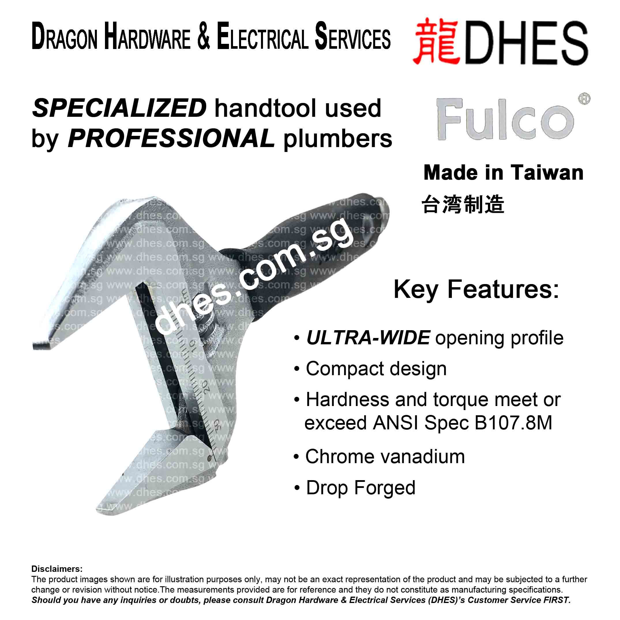 Fulco 150mm (6”) Adjustable Wrench Ultra-Wide 0-34mm Opening Made In Taiwan Front Cover