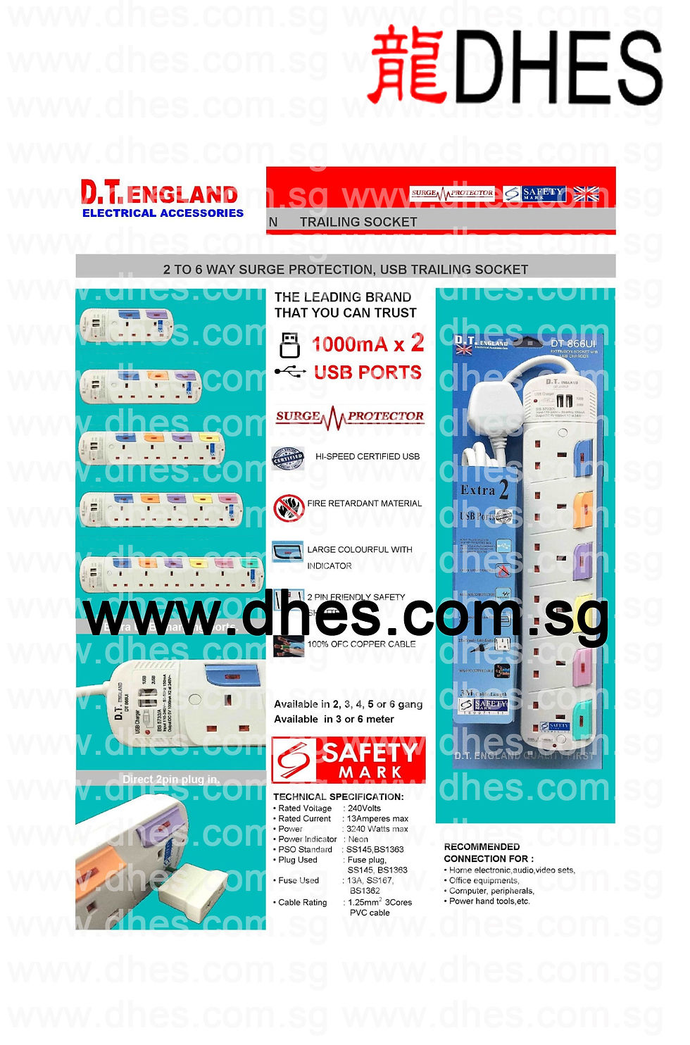 DT England 2 Gang To 6 Gang 3m 6m 2 USB Charger Extension Cable DT862UI DT866UI Front Cover