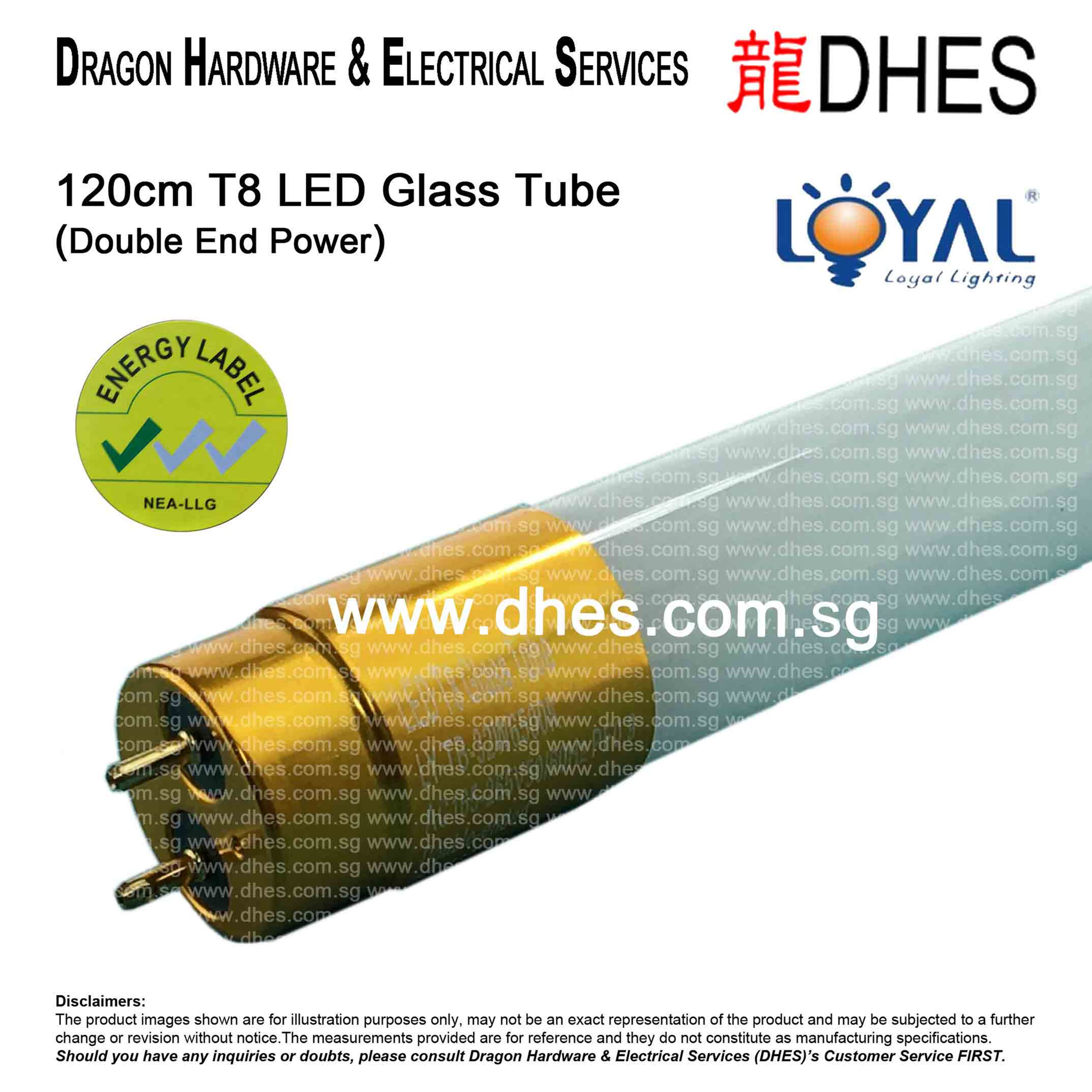 Loyal T8 120cm (4ft) G13 LED Glass Tube Lighting 32W Bi-Pin Double End Power Front Cover
