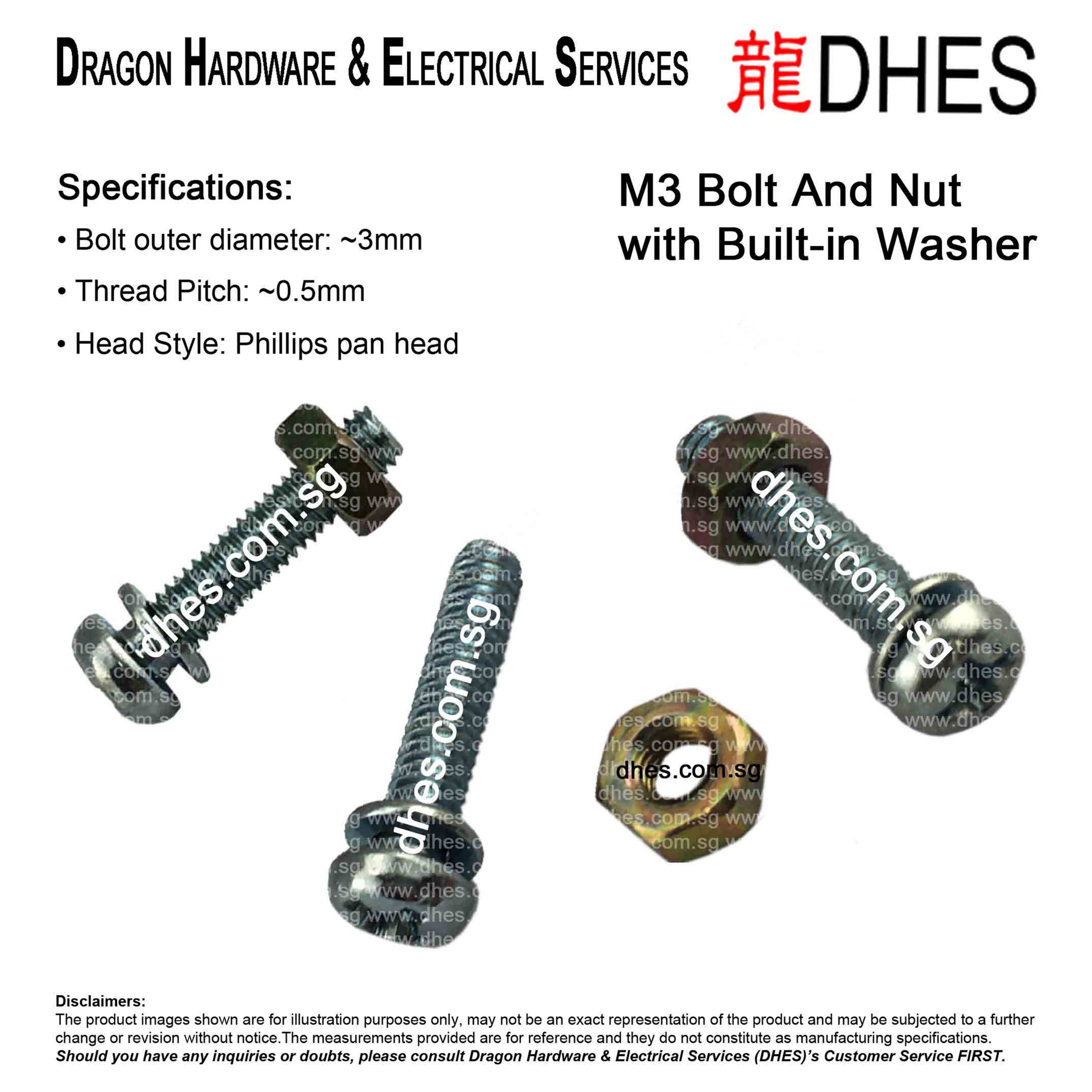 DHES M3 Pan Head Phillips Bolt, Nut And 5mm Washer (without Unthreaded Shank) Front Cover