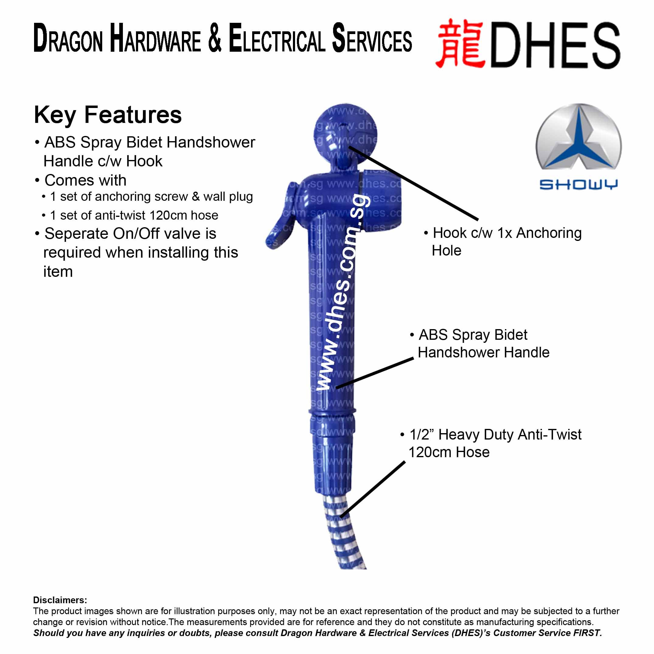 Showy Blue ABS Spray Bidet Hand Shower Handle c/w Hook And Anti-Twist Hose 2504 Front Cover