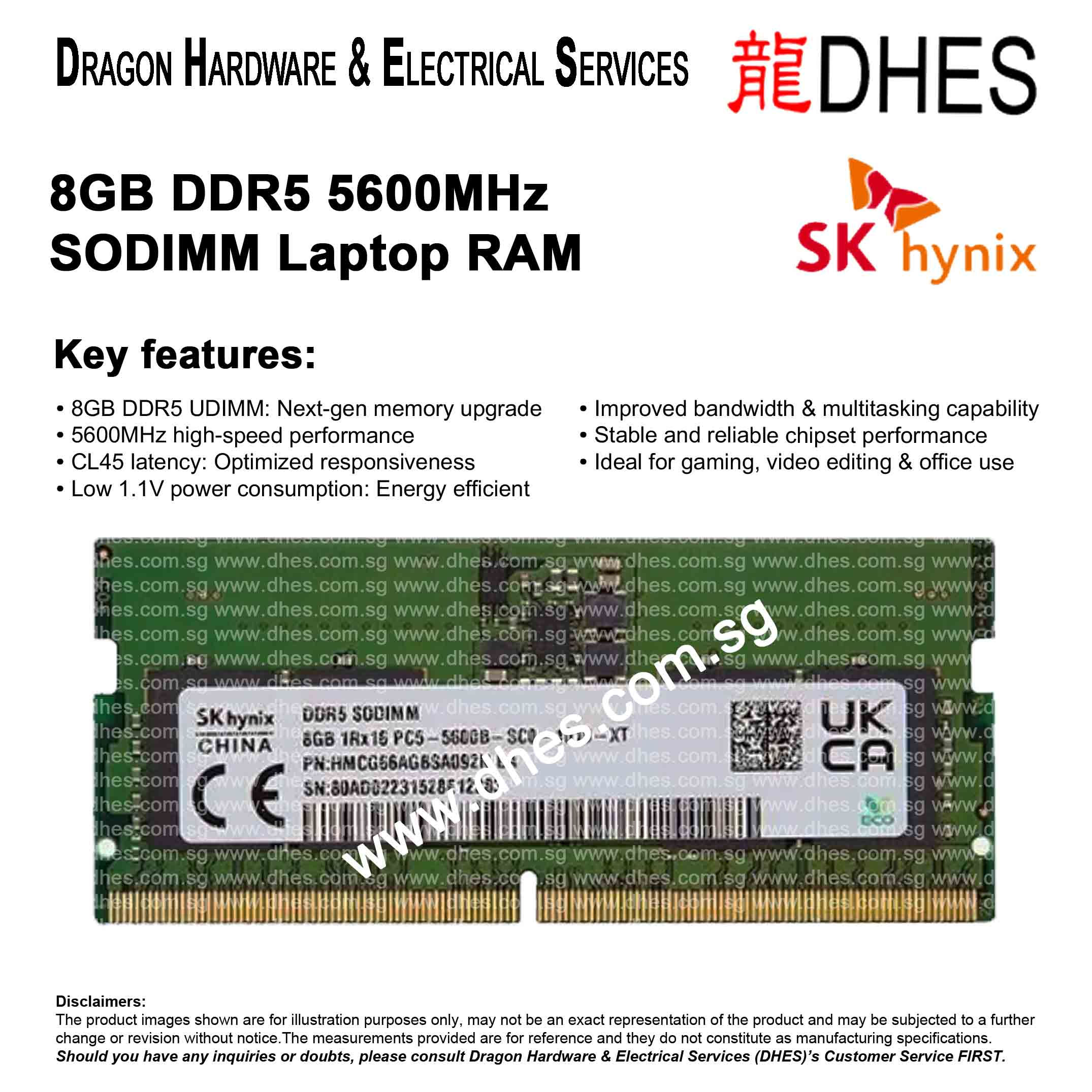 SK HYNIX 8GB DDR5 5600MHz SODIMM Laptop RAM 5th Gen High-Speed Memory CL45 1.1V Front Cover