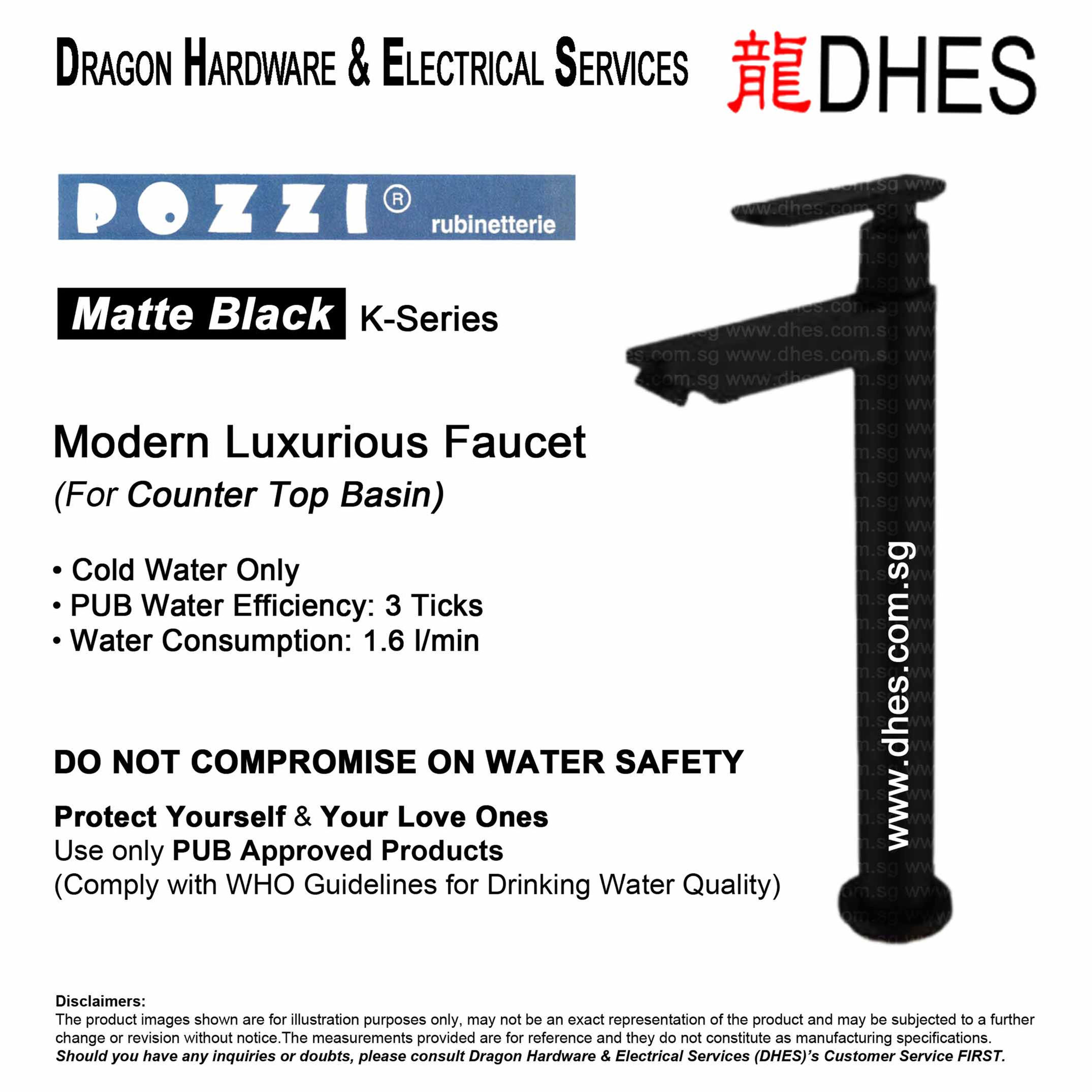 Pozzi K-Series 321 Matte Black Premium Luxurious Counter Top Bathroom Tap Front Cover