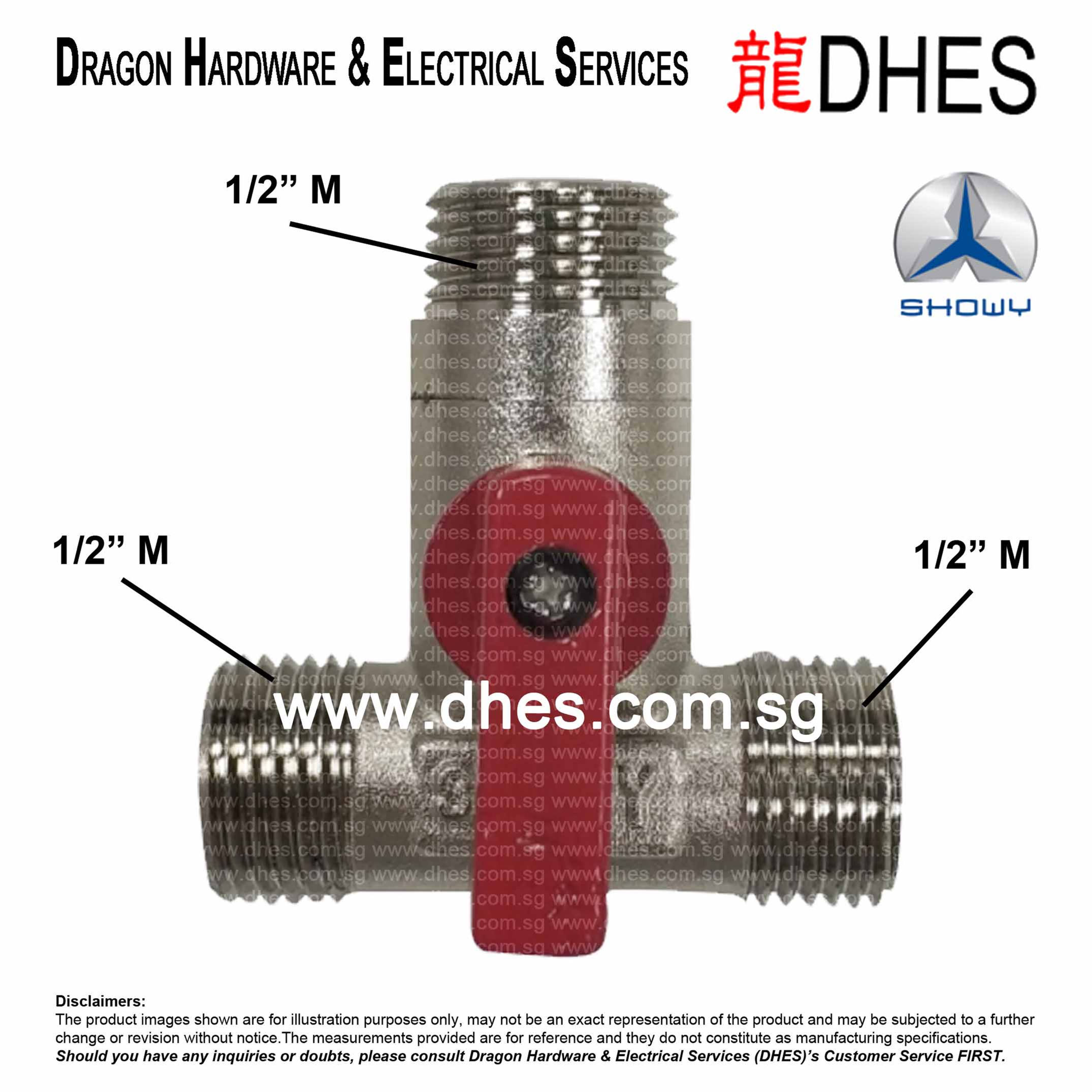 Showy ½” M x ½” M x ½” M T Ball Valve 3-Way T-Port 5126 Front Cover