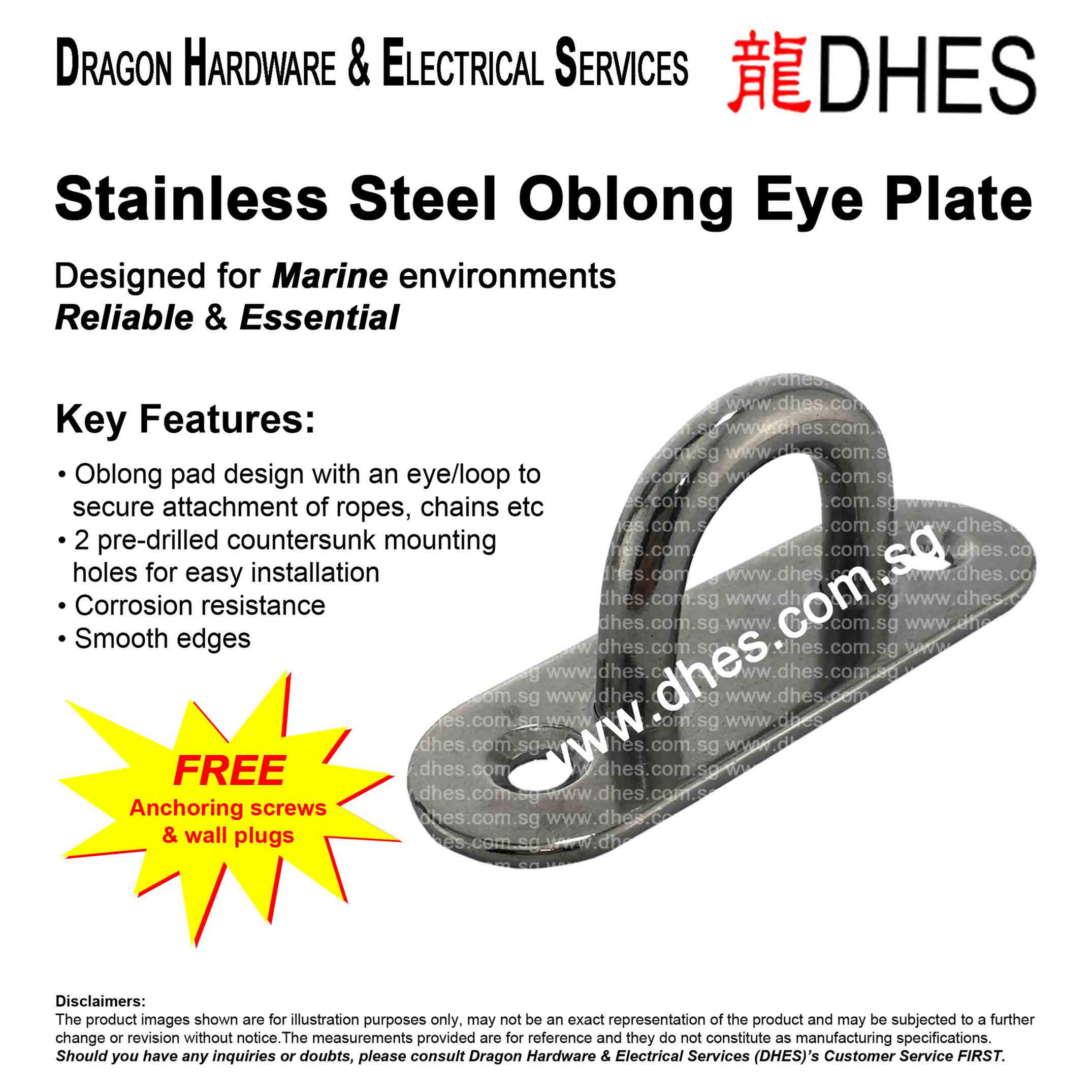 DHES Stainless Steel A2 SS304 Oblong Eye Plate with Mounting Holes Front Cover