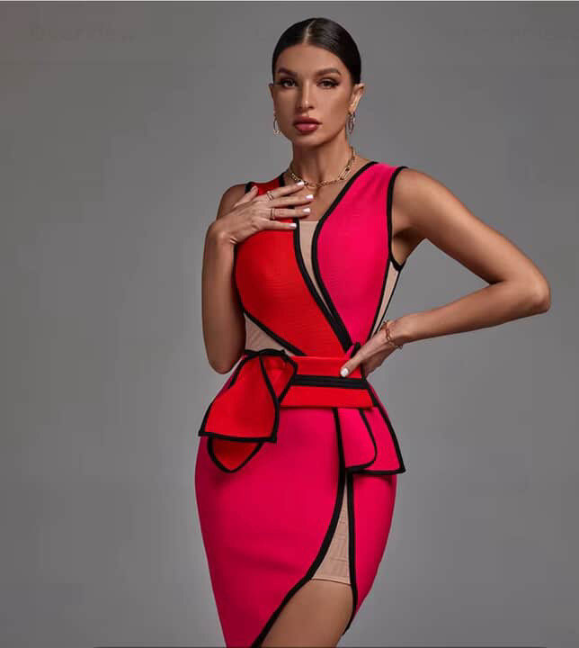 Bold Contrast Color Block Bodycon Dress – Red & Fuchsia