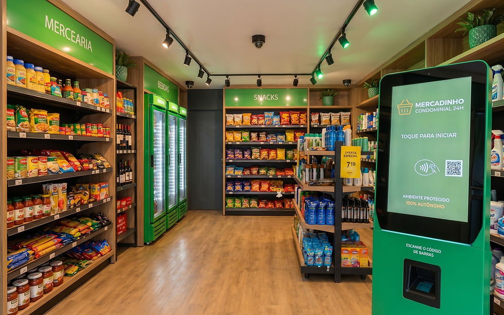 Uma foto de um pequeno mercado autônomo interno com prateleiras cheias de produtos de mercearia e lanches. Um grande totem de checkout digital preto e verde com texto em português está em primeiro plano à direita.
