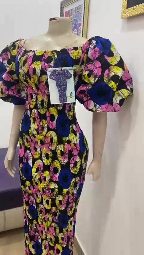 Thumbnail: African print smoked puffy sleeves long body-con dress.