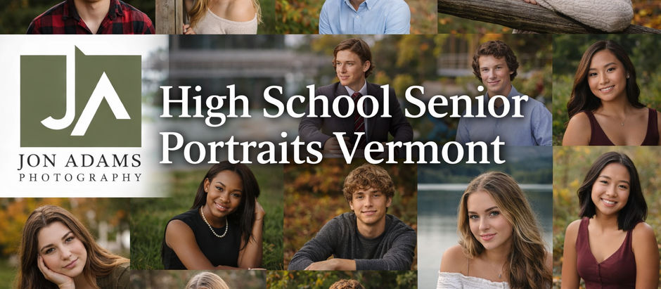 A diverse professional photography collage for High School Senior Portraits Vermont featuring twelve different student sessions in various natural and outdoor New England settings.