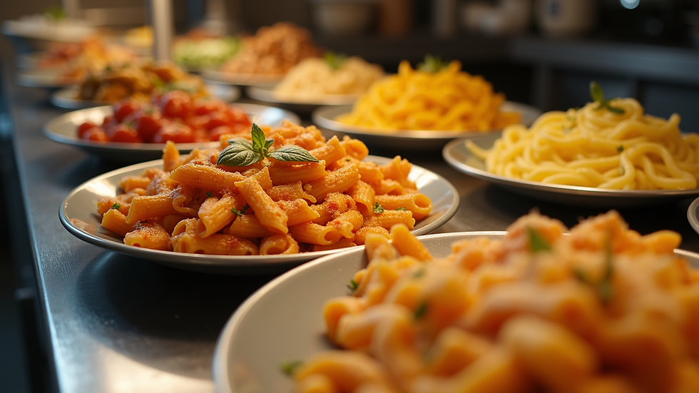 High angle view of a buffet table filled with various pasta dishes