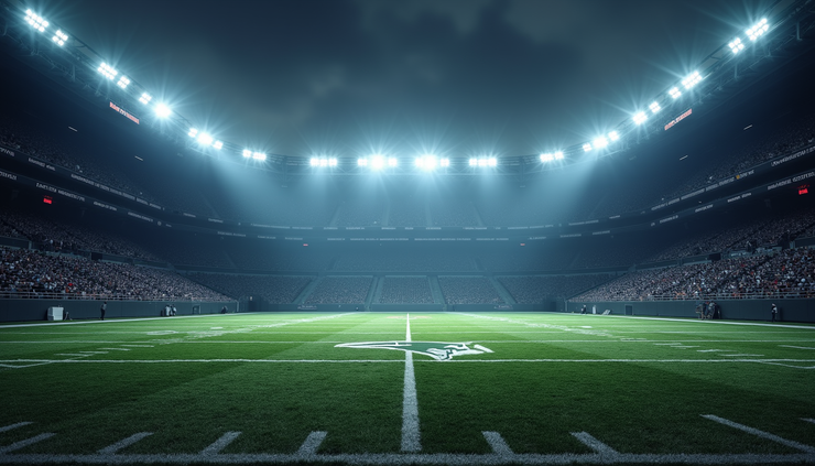 Eye-level view of a football field with empty stands and a single spotlight on the Patriots logo