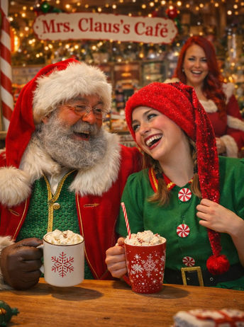 Santa and elf laughing with hot chocolate