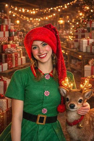 Smiling Christmas elf in green with reindeer and gifts