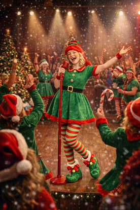 Elf singing into a microphone surrounded by cheering elves and falling snow