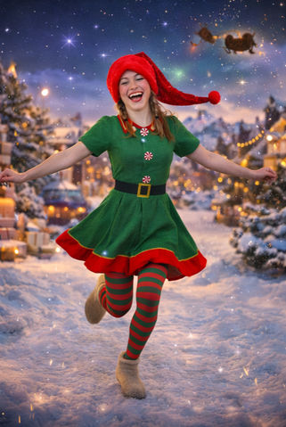 Smiling woman in elf costume jumping in snowy village