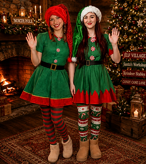 Two elves waving in North Pole Santa's Workshop.