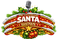 The Legendary Santa Shows logo, festive with holly and snow.
